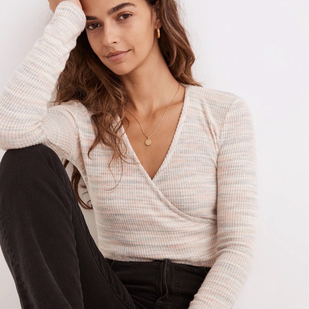 Madewell Striped Wrap Top in Cream and Gray
